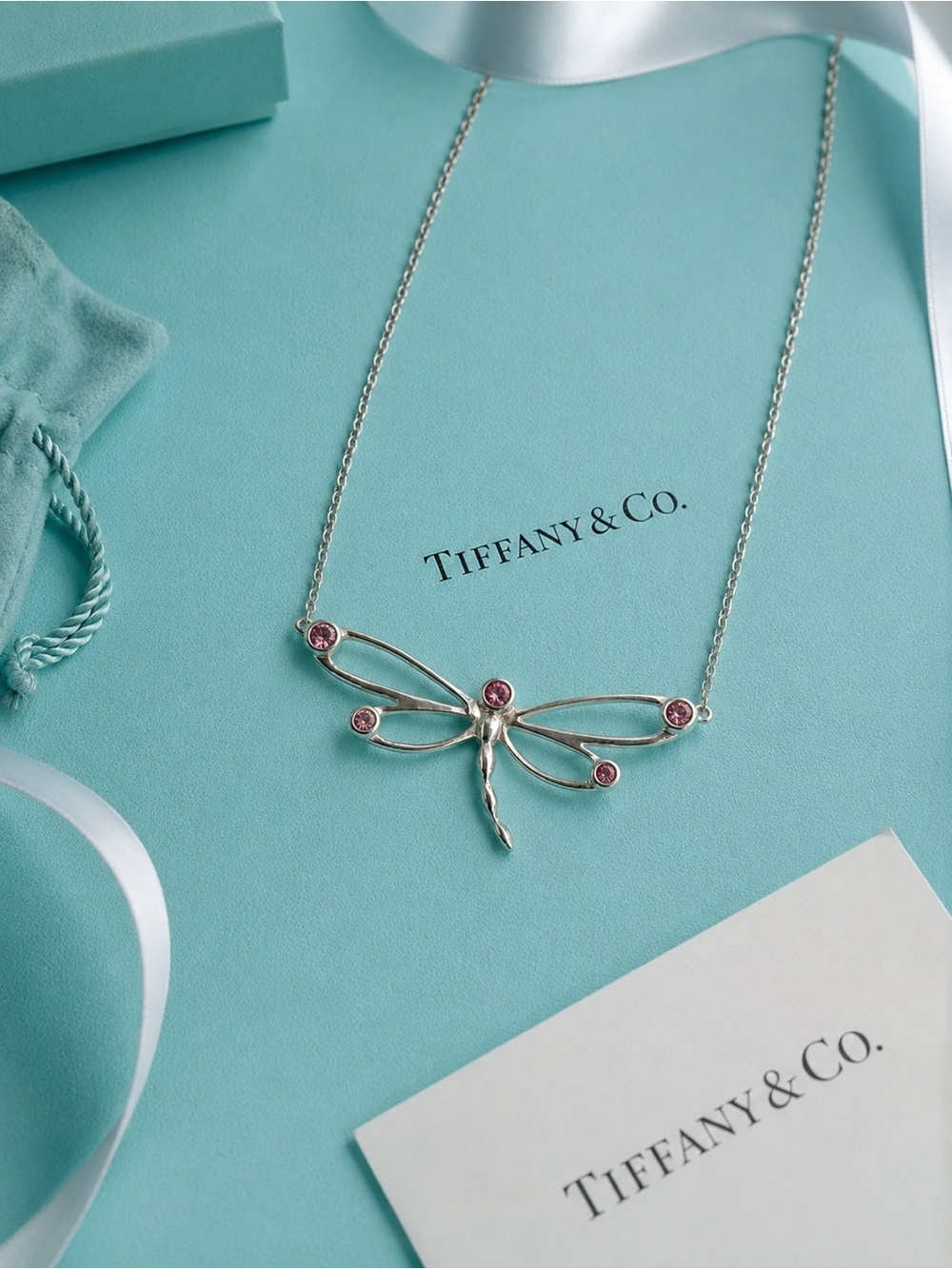 Rare Tiffany & Co Pink Sapphire Dragonfly Nature Necklace Sterling Silver 16”